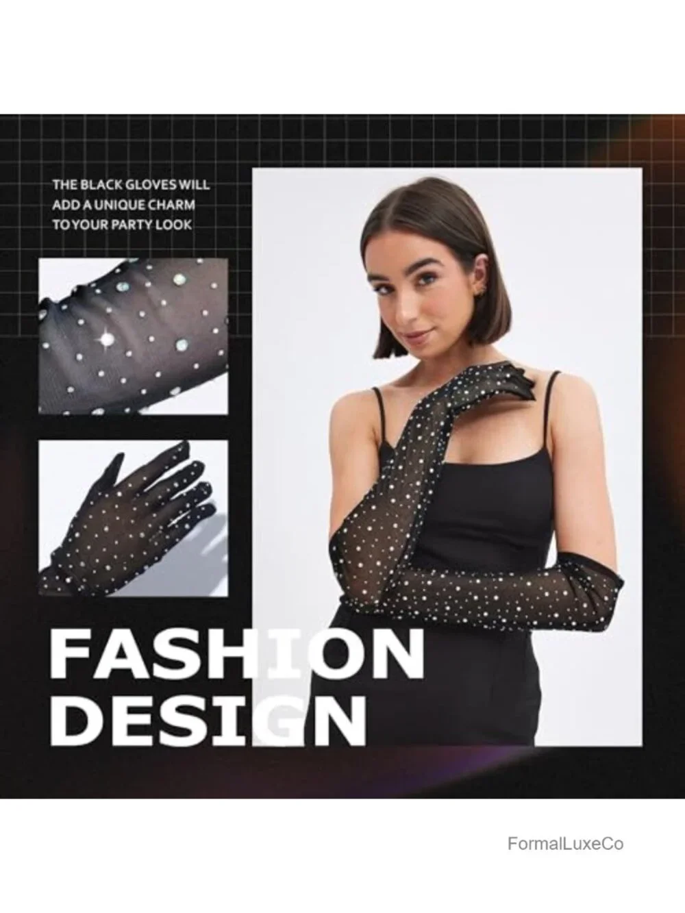 Rhinestone Sheer Gloves Sparkly Long Mesh Tulle Gloves for Party Costumes